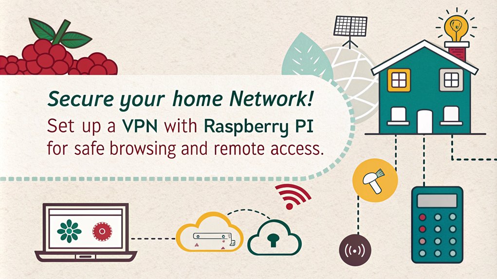 An infographic about Home VPN Configuration featuring fun Raspberry Pi projects for beginners. Highlight simple steps, benefits, and essential tools for setting up a VPN.