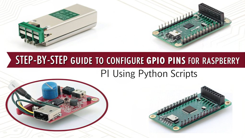 An infographic showcasing the steps to configure GPIO pins for Raspberry Pi. Include visuals for Python scripts, GPIO pin setup, and coding examples.