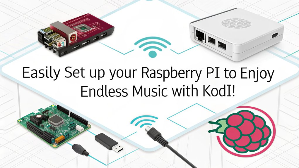 An infographic showcasing how to configure Kodi for a Raspberry Pi Music Server. Highlight installation steps, music source setup, and Kodi settings.