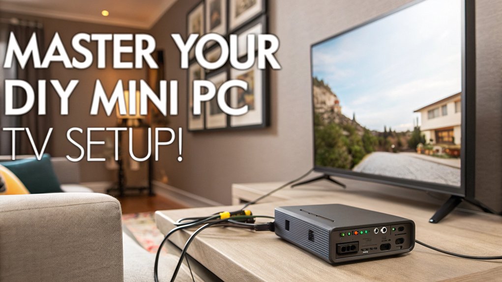 A realistic image of a DIY mini PC TV setup, showcasing various cables and ports with a cozy living room backdrop.