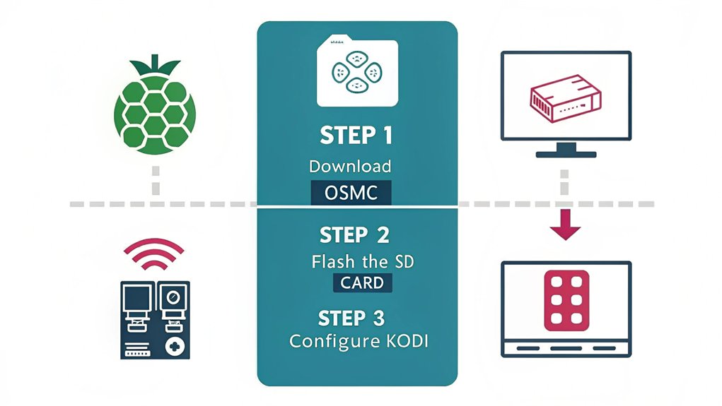 An infographic illustrating the steps to install Kodi on a Raspberry Pi for a music server setup. 