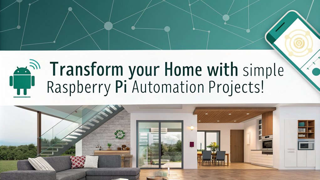 An infographic showcasing beginner-friendly home automation ideas using interactive Raspberry Pi projects. Highlight easy-to-implement ideas that enhance home convenience and efficiency. The only text in the image is as follows: "Transform your home with simple Raspberry Pi automation projects!"