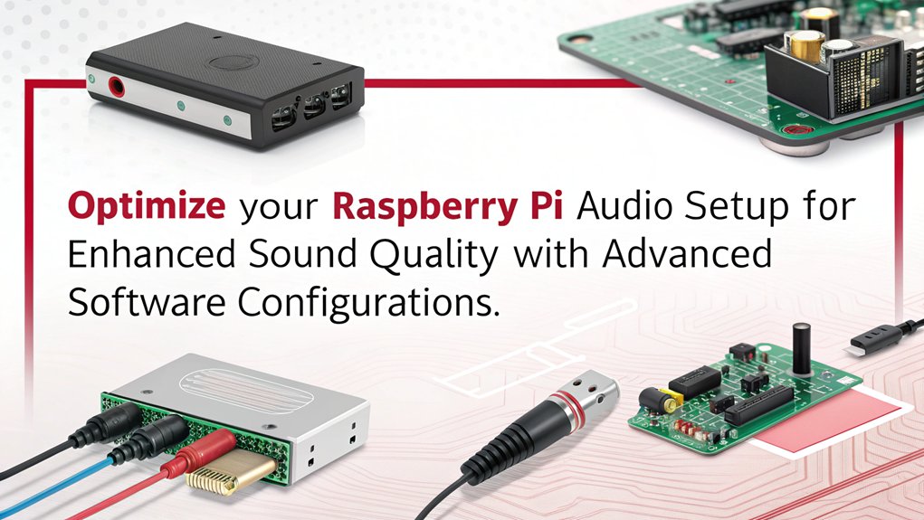 An infographic showcasing advanced configurations and software for connecting USB audio devices to Raspberry Pi, focusing on achieving superior sound quality.