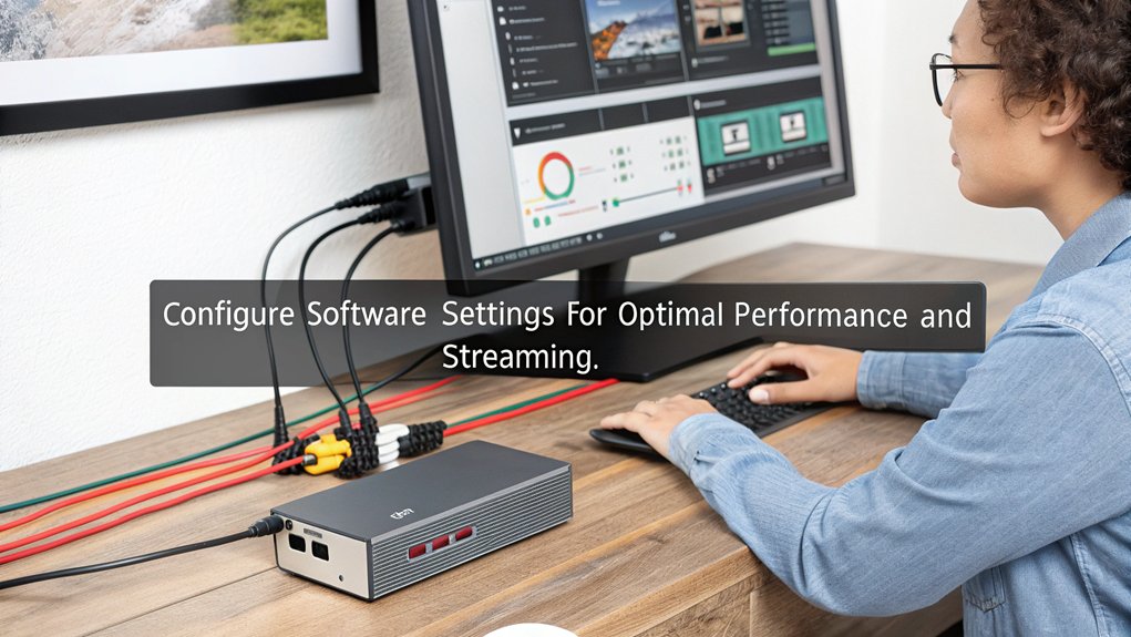 A realistic image depicting the software configuration steps for a DIY mini PC TV setup. Showcase a person at a desk with a mini PC, connecting cables, and configuring settings on a monitor.