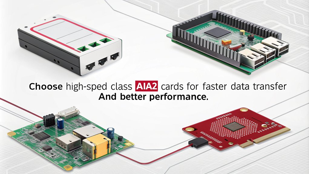 An infographic showcasing specifications to consider for SD cards for a Raspberry Pi 4. Highlight speed class, capacity, and endurance for optimal performance.
