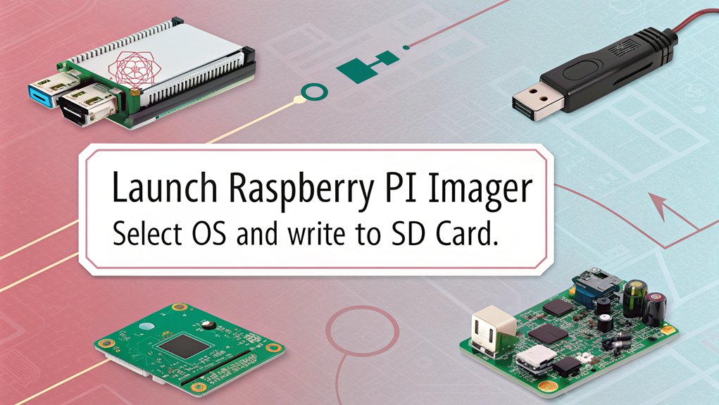 An infographic illustrating the process of launching Raspberry Pi Imager. Highlight key steps, such as downloading, installing, and opening the software.