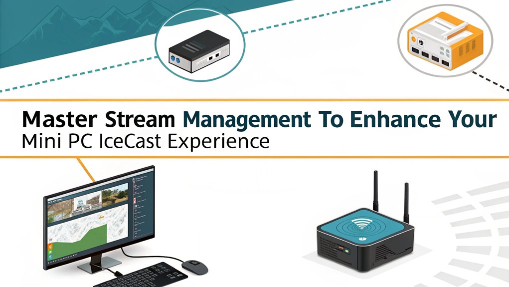 An infographic illustrating the process of managing streams and mount points for Icecast streaming on Mini PCs. Include tips for beginners, advanced techniques, and troubleshooting. 