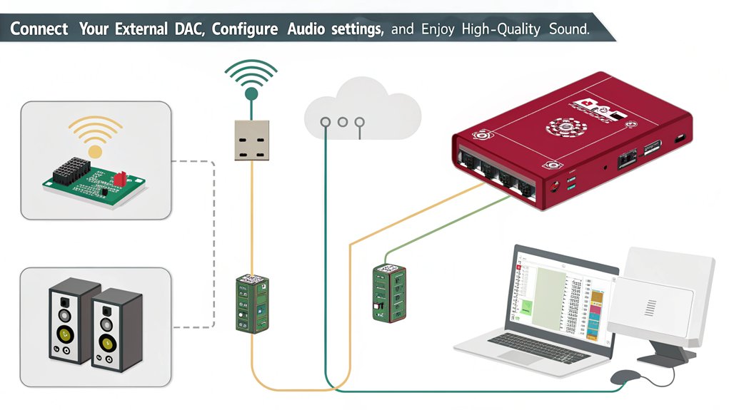 An infographic about the configuration and setup for enhancing Raspberry Pi audio with external DACs.