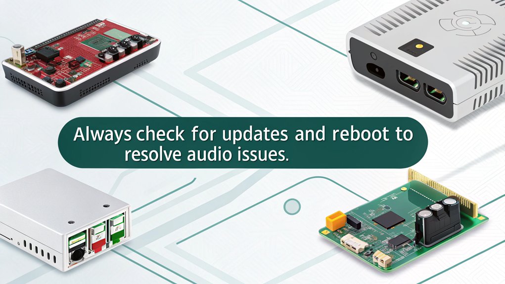 An infographic illustrating System Updates and Reboot for troubleshooting common Raspberry Pi audio issues. Highlight steps for ensuring updates and how to properly reboot the device. 