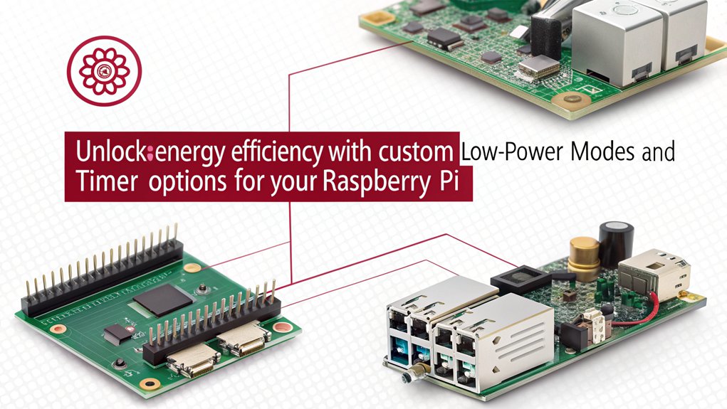 An infographic showcasing Custom Low-Power Modes for Raspberry Pi, highlighting low-power timer options, benefits, and implementation strategies.