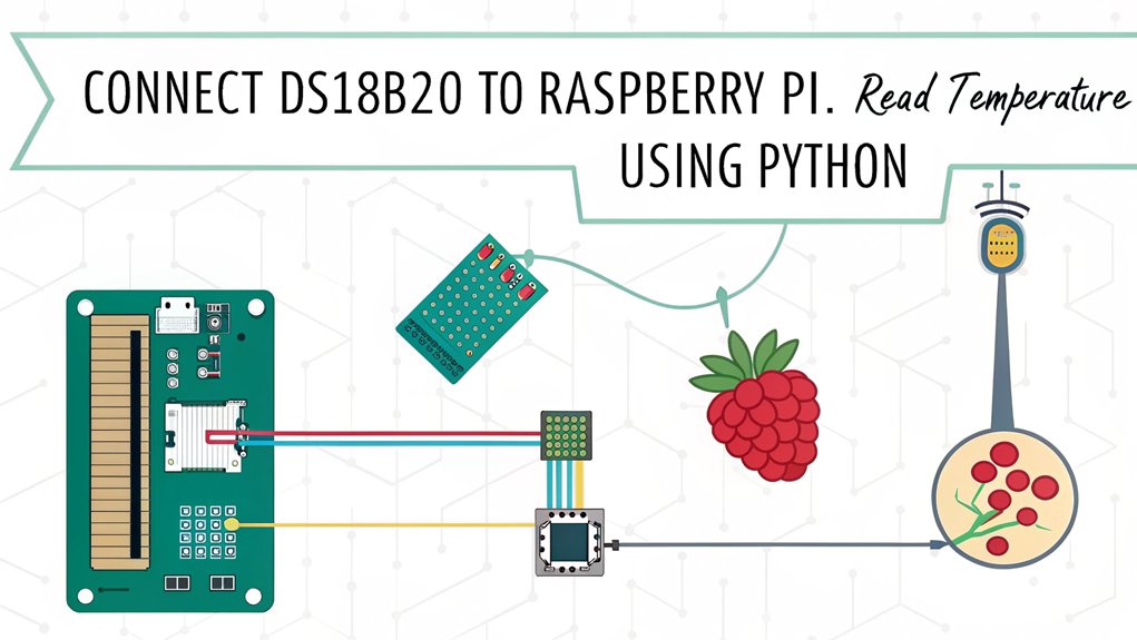 An infographic showcasing how to monitor temperature using the DS18B20 sensor with a Raspberry Pi. 