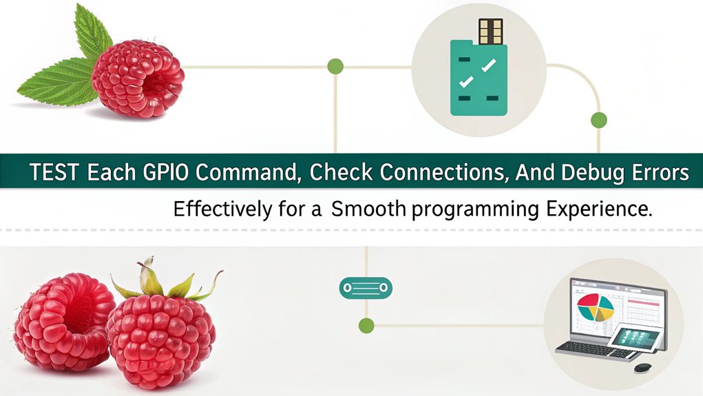 An infographic illustrating Testing and Troubleshooting while writing Python scripts for Raspberry Pi GPIO. Include step-by-step tips and common errors to avoid.  