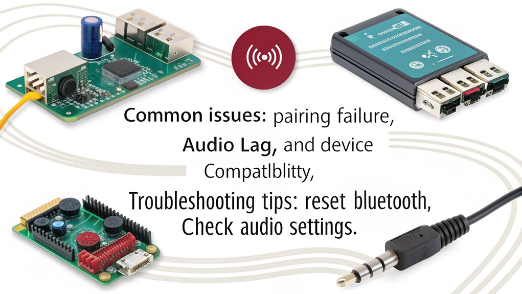 An infographic illustrating troubleshooting and common issues when setting up Bluetooth audio on Raspberry Pi. Highlight steps to stream music wirelessly effectively.