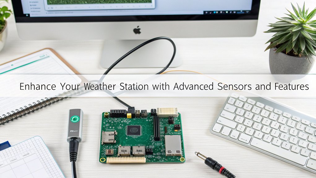 A realistic image of a Raspberry Pi weather station enhanced with additional features, showcasing sensors for temperature, humidity, and wind speed. The setup includes a beautifully designed display interface.