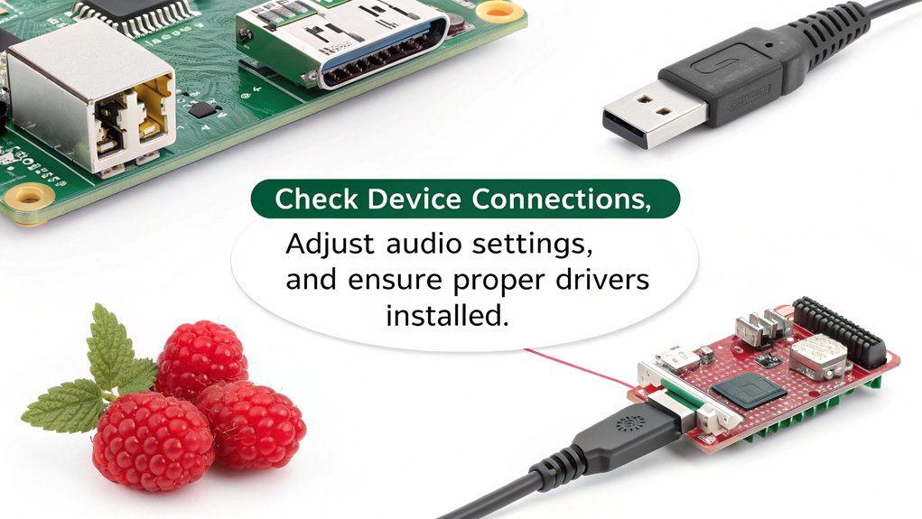 :An infographic showcasing USB Audio Device Setup for troubleshooting Raspberry Pi audio issues. Highlight common problems and solutions. 