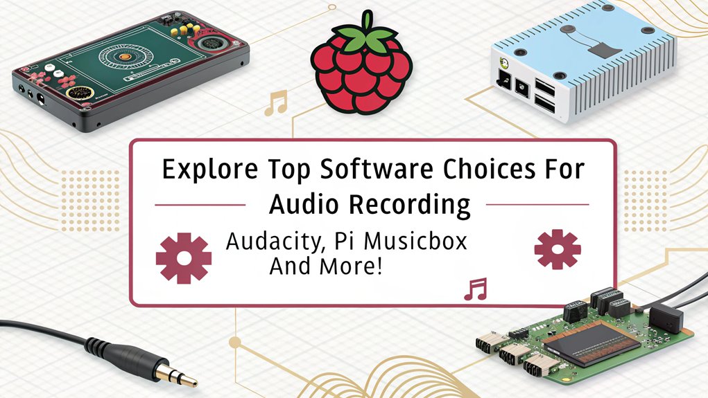 :An infographic showcasing software options for recording audio with Raspberry Pi, aimed at beginners. Include advantages, steps, and recommendations for each software. 