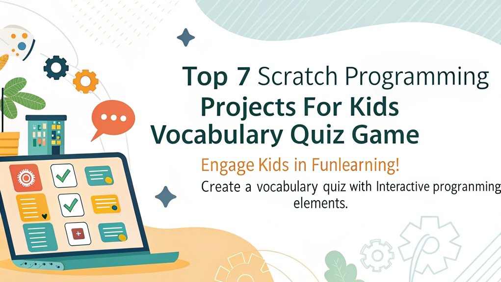 An infographic illustrating a Vocabulary Quiz Game as one of the Top 7 Scratch Programming Projects for Kids.