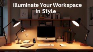 A realistic image of a stylish home office workspace featuring modern desk lamps in various designs, illuminating the area with warm light.