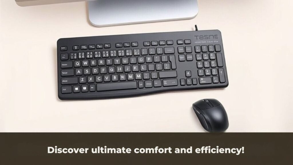 A realistic image of an ergonomic wireless keyboard and mouse combo, featuring a sleek design, comfortable wrist support, and efficient layout.