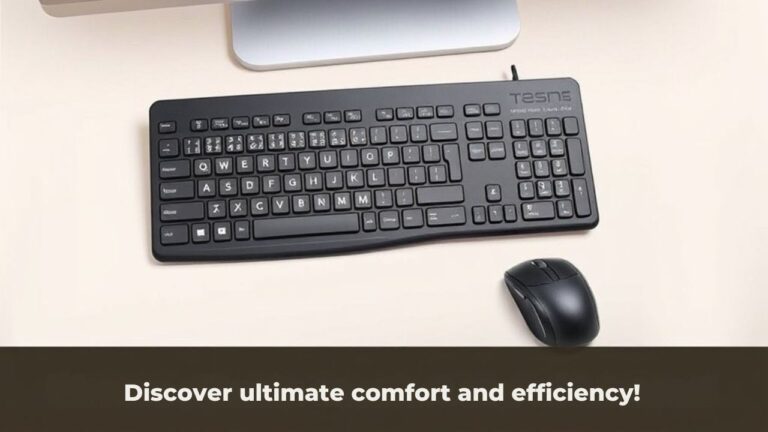A realistic image of an ergonomic wireless keyboard and mouse combo, featuring a sleek design, comfortable wrist support, and efficient layout.