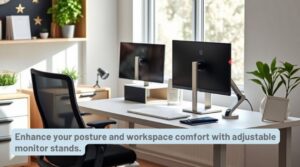 A realistic image of an ergonomic workspace showcasing the best adjustable monitor stands. The setup features a sleek desk, a comfortable chair, and organized accessories that emphasize posture and comfort. Natural light enhances the scene, highlighting the adjustable monitor stands in use.