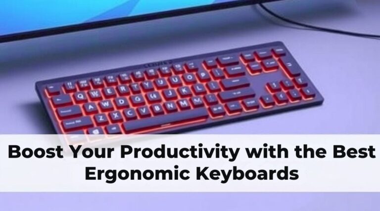 A realistic image of a modern, ergonomic keyboard designed for maximum productivity, with a sleek design and advanced features.