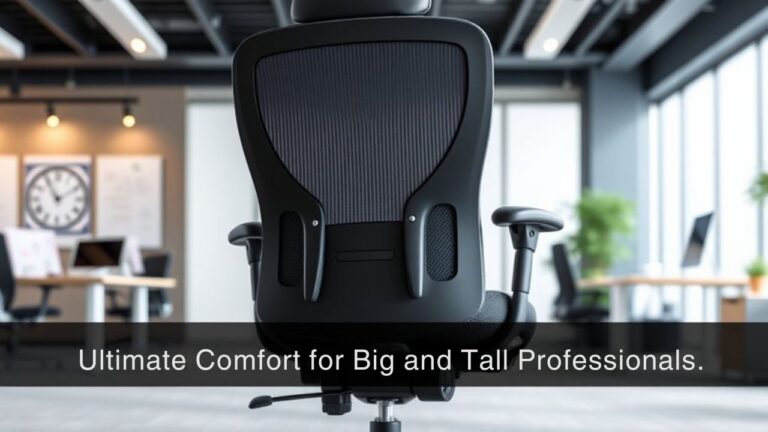 :A realistic image of a big and tall ergonomic office chair showcasing its adjustable features, lumbar support, and plush cushioning in a modern office setting.