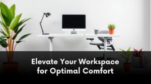 A realistic image of a modern workspace featuring a sleek sit stand desk, ergonomic chair, and vibrant plant accents.