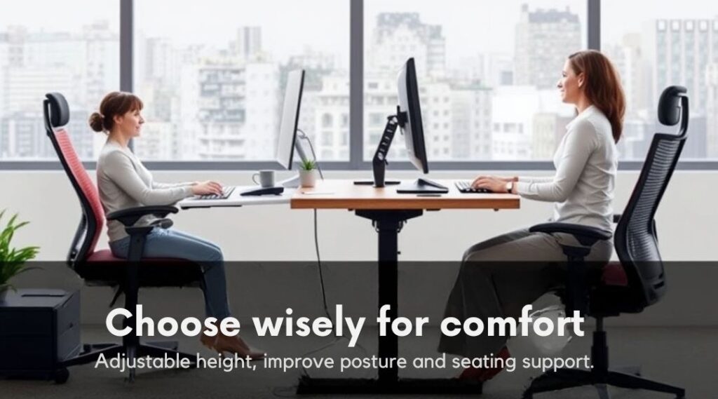Two people at sit stand desks of different heights showing the different factors