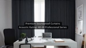 A realistic image showing a modern home office with floor-to-ceiling soundproof curtains in deep charcoal gray, featuring rippled acoustic fabric texture. Natural sunlight filters through the curtains' edges, highlighting their thickness. A sleek desk setup with video conferencing equipment demonstrates professional use.