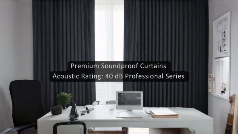 A realistic image showing a modern home office with floor-to-ceiling soundproof curtains in deep charcoal gray, featuring rippled acoustic fabric texture. Natural sunlight filters through the curtains' edges, highlighting their thickness. A sleek desk setup with video conferencing equipment demonstrates professional use.