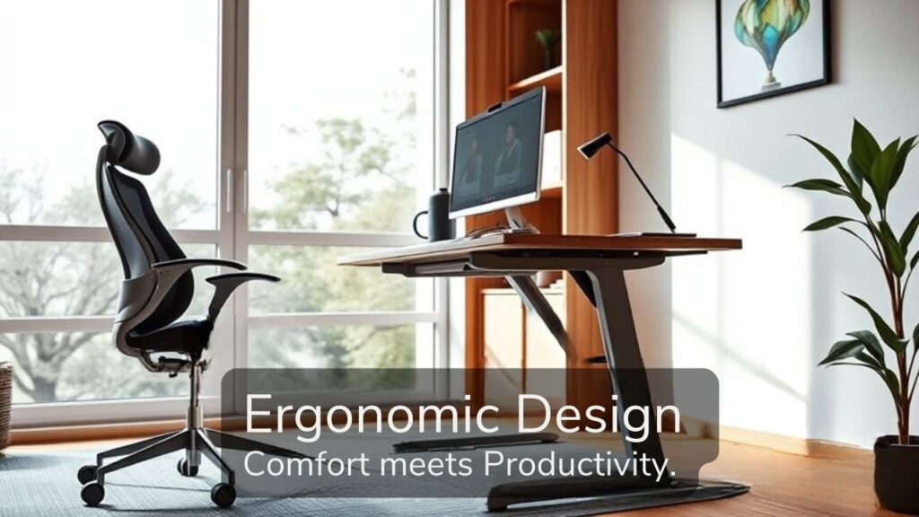 A realistic image showing a sleek home office with an ergonomic chair and adjustable standing desk, natural light streaming through windows. Professional-looking setup with curved monitor, laptop stand, and wrist rest pad. Modern minimalist design with warm wood tones and grey accents.