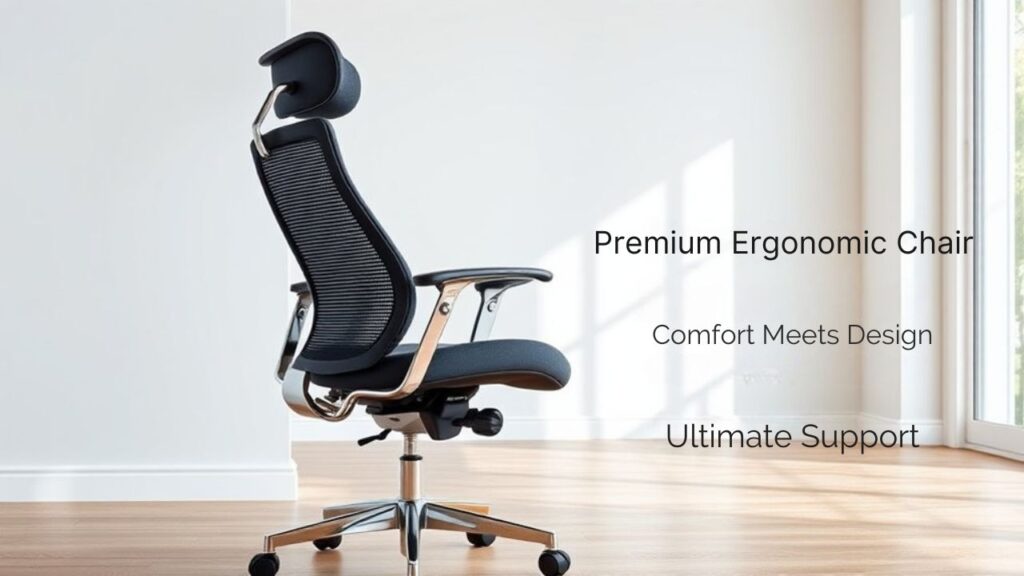 A realistic image showing a sleek ergonomic office chair in charcoal gray mesh and polished chrome, positioned in a modern home office with natural lighting. The chair features adjustable lumbar support, padded armrests, and a high back against a minimalist white wall and wooden flooring.