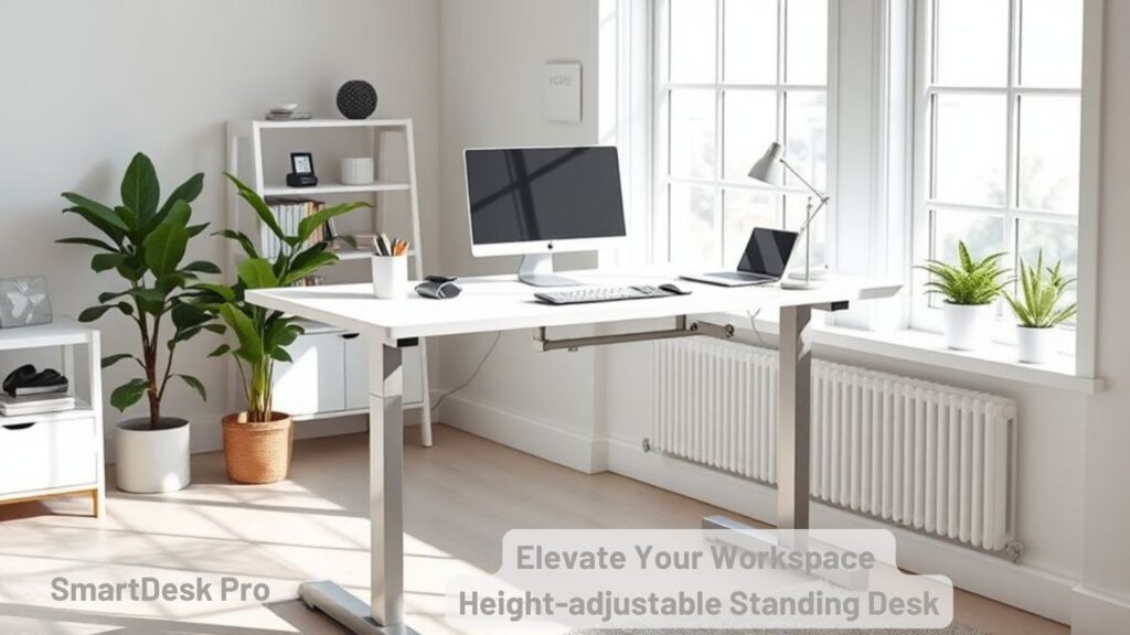 A realistic image of a minimalist standing desk in a sun-lit home office, featuring a smooth white surface, sleek metal frame, and cable management system. Modern decor, ergonomic chair, and tech accessories thoughtfully arranged. Clean lines, natural light through large windows.