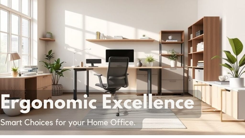 A realistic image of a sleek home office showcasing ergonomic furniture with a modern curved desk, adjustable mesh chair, floating shelves, and natural light streaming through large windows. Premium materials, soft beige and gray tones, plants, and cable management solutions visible.