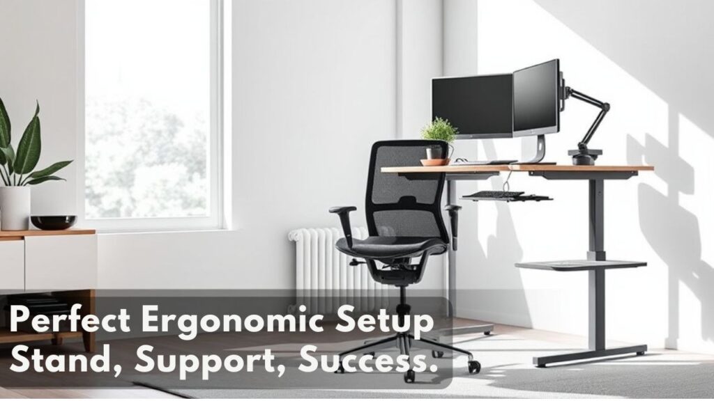 A realistic image of a modern home office with natural lighting, featuring an adjustable standing desk, ergonomic mesh chair, monitor arms, keyboard