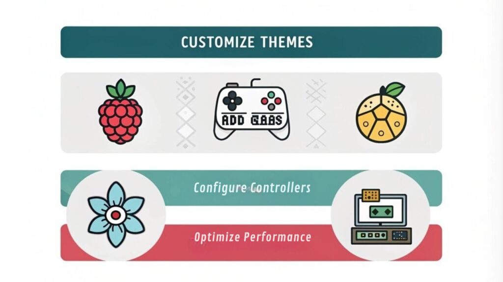 An infographic to guide users on customizing their RetroPie system for building retro gaming consoles with Raspberry Pi.