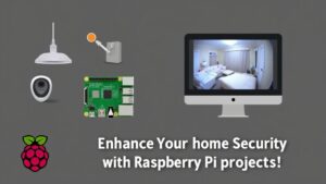 A realistic image of a Raspberry Pi setup for home security, featuring a camera, sensors, and a monitor displaying live footage