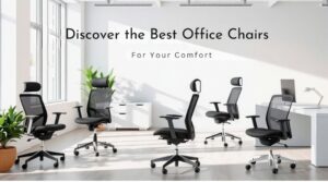 A realistic image of a modern office space showcasing various ergonomic office chairs designed for optimal comfort. The setting features natural light, plants, and a sleek desk.