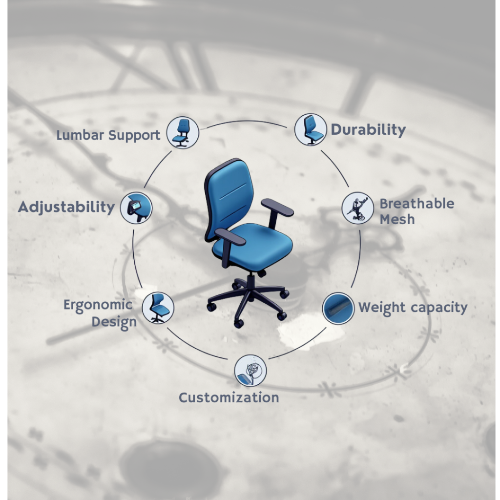 Infographic showing five key factors for choosing among ergonomic chairs for long work sessions. The image features detailed technical illustrations including: a chair's adjustability points with arrows indicating movable parts, a cross-section of lumbar support mechanisms, a close-up texture view of breathable mesh material, a weight capacity diagram, and warranty information.