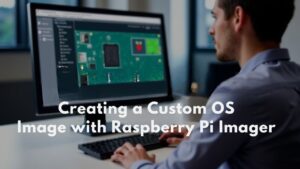 A realistic image of a person using a computer to create a custom OS image with Raspberry Pi Imager, featuring the Raspberry Pi and software interface on screen.