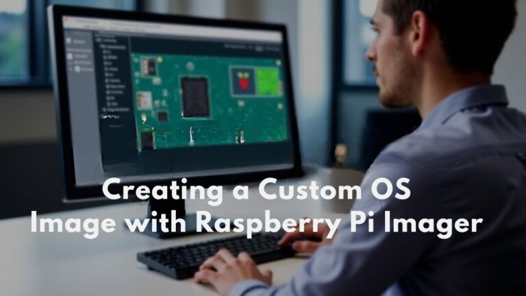 A realistic image of a person using a computer to create a custom OS image with Raspberry Pi Imager, featuring the Raspberry Pi and software interface on screen.