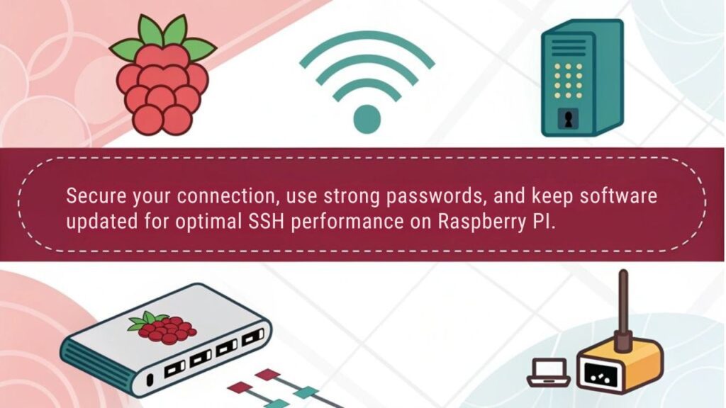 An infographic highlighting best practices for using SSH on a Raspberry Pi, covering security tips, connection setup, and troubleshooting methods.