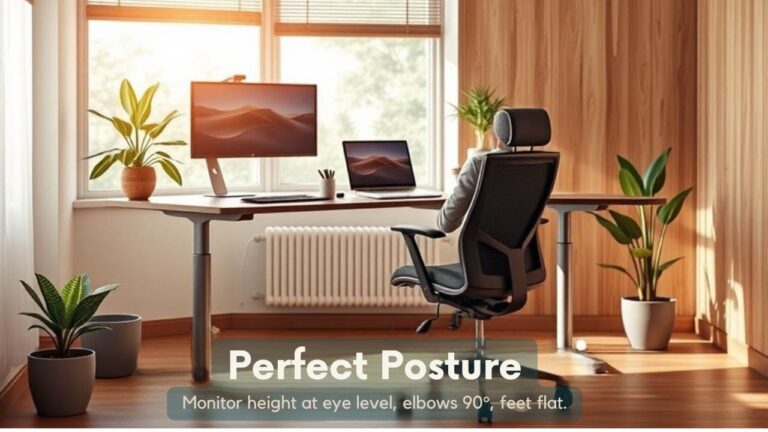 A realistic image of a modern ergonomic workspace with natural light, featuring an adjustable standing desk, ergonomic chair, dual monitors at eye level, laptop stand, wireless keyboard, and mouse. Warm wood tones and plants create a calm atmosphere.