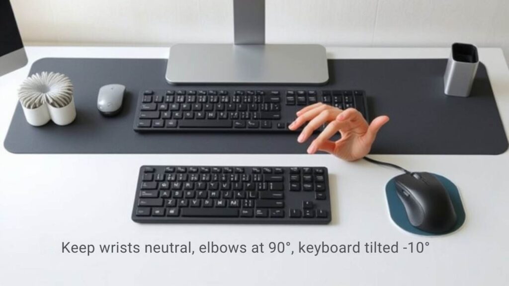 :A realistic image showing proper ergonomic keyboard and mouse placement on a sleek desk setup, featuring natural wrist positioning, keyboard slightly tilted downward, and mouse at elbow height. Clean office lighting highlights neutral-colored desk accessories and palm rest supports