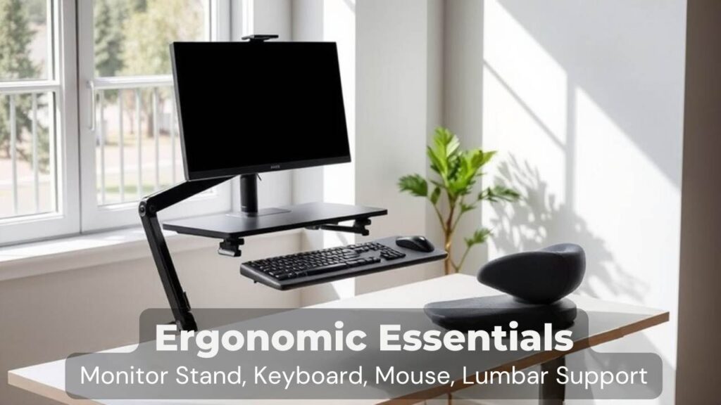 A realistic image of a modern ergonomic workspace featuring an adjustable monitor stand, ergonomic keyboard, vertical mouse, and lumbar support cushion arranged on a height-adjustable desk. Natural lighting streams through nearby windows, highlighting the professional equipment in crisp detail.