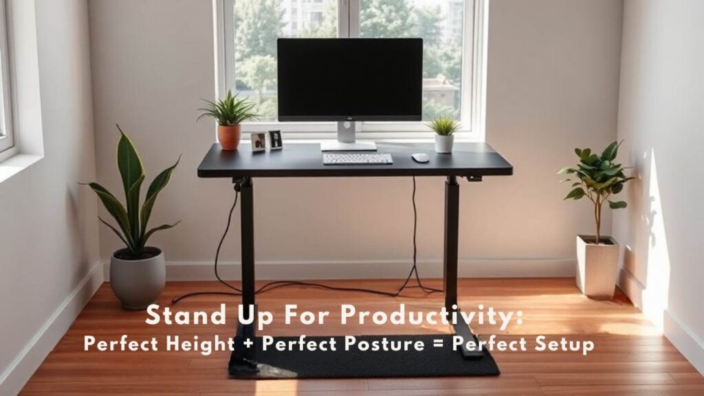 A realistic image of a modern standing desk workspace in natural light, featuring an adjustable-height desk, ergonomic monitor at eye level, wireless keyboard, vertical mouse, anti-fatigue mat, and cable management system. Clean minimalist design with plants and warm wood tones. 