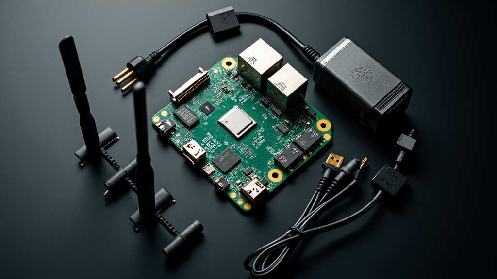 Professional overhead flat lay photo of Raspberry Pi 5 components neatly arranged on a dark surface, including Wi-Fi adapters, antennas, cooling system, and power supply, soft directional lighting, technical aesthetic