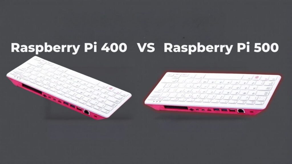 A realistic image showcasing a Raspberry Pi 500 alongside the previous model, highlighting their differences in design and features.