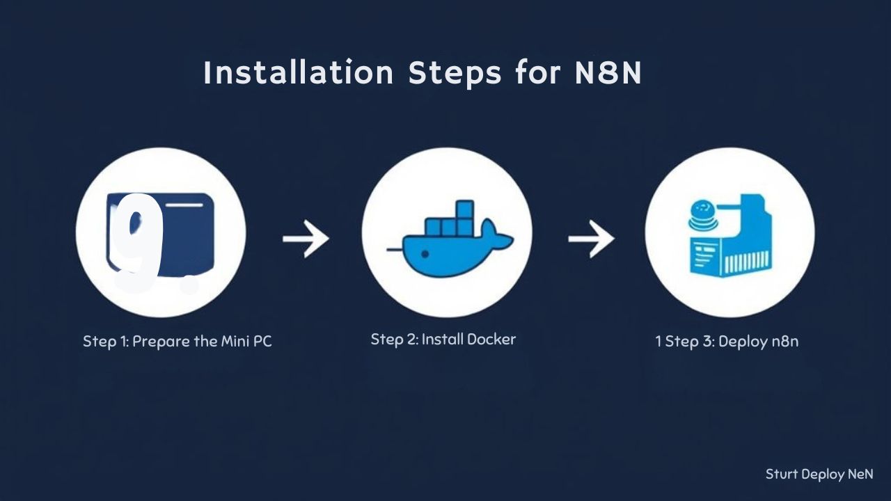 An infographic detailing the installation steps for N8N on a mini PC.